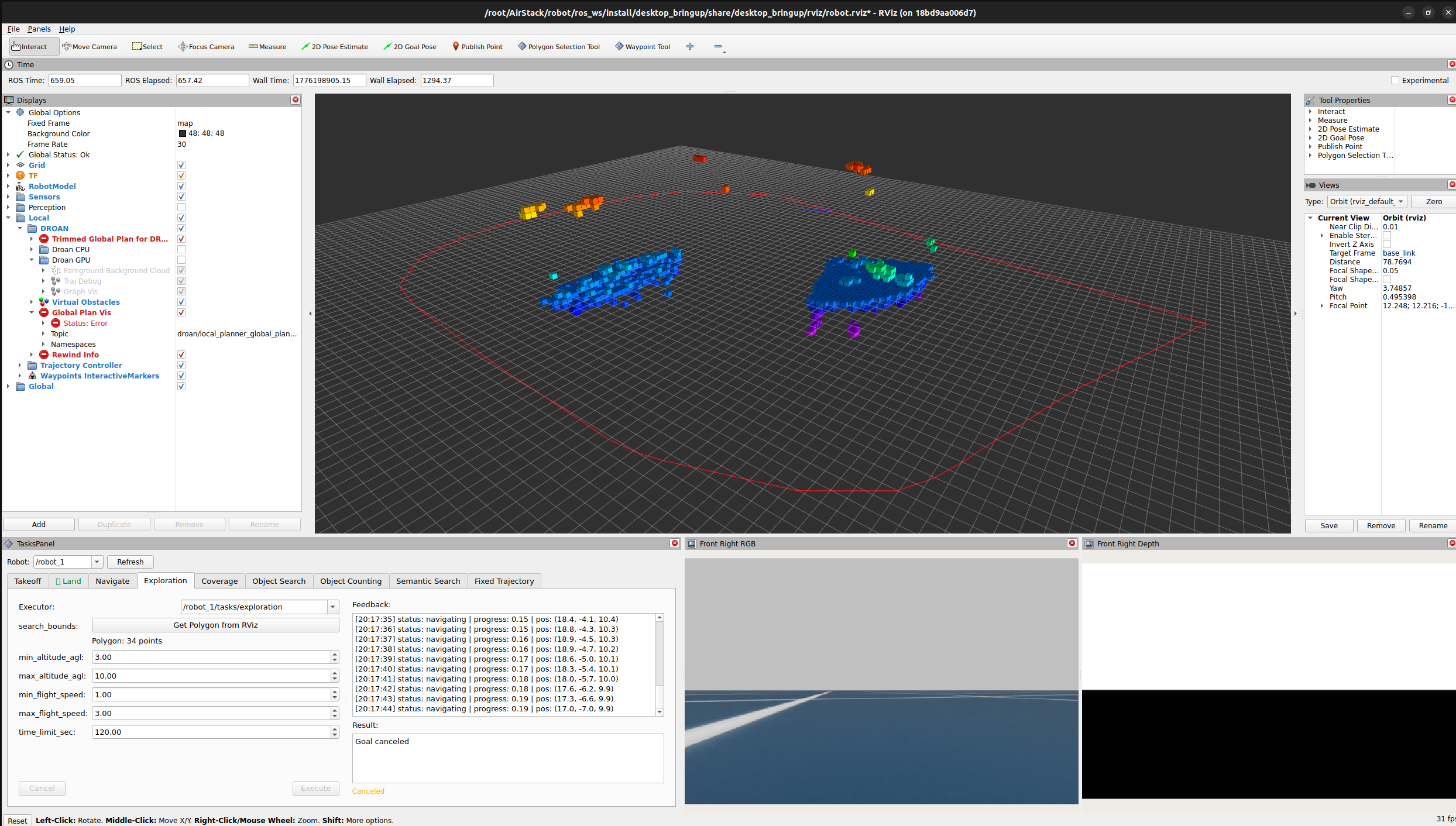 Screenshot of the RViz Tasks Panel showing multiple tabs and parameter widgets