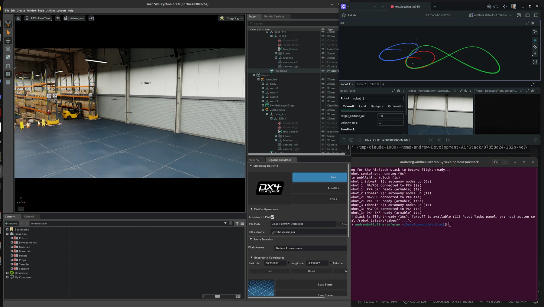Desktop screenshot: Isaac Sim warehouse with drones flying, Foxglove showing three live trajectory traces, and a terminal with the airstack ready checklist