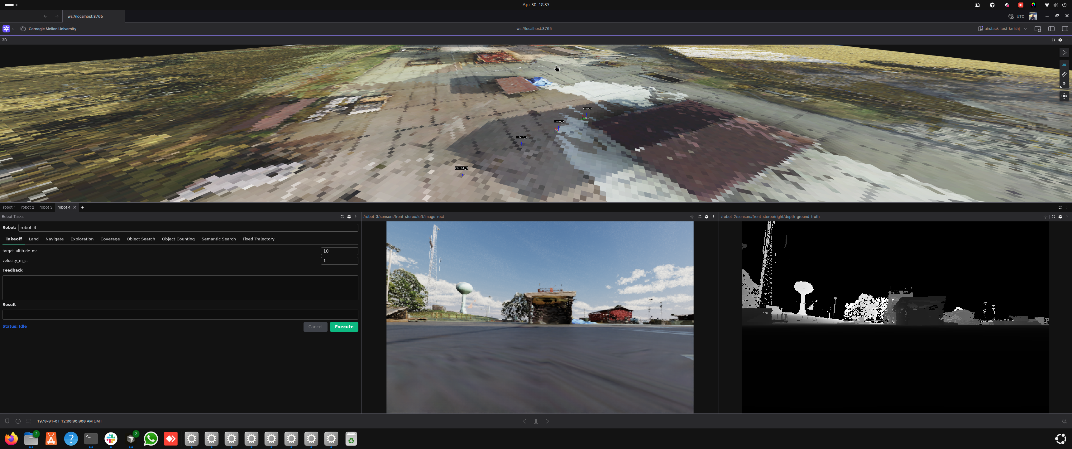 Full GCS Foxglove view — overhead-textured 3D panel on top, Robot Tasks panel and per-robot camera + depth feeds along the bottom