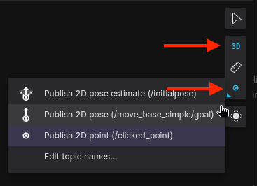 3D-mode toggle and the Publish 2D point option in the Foxglove 3D panel toolbar