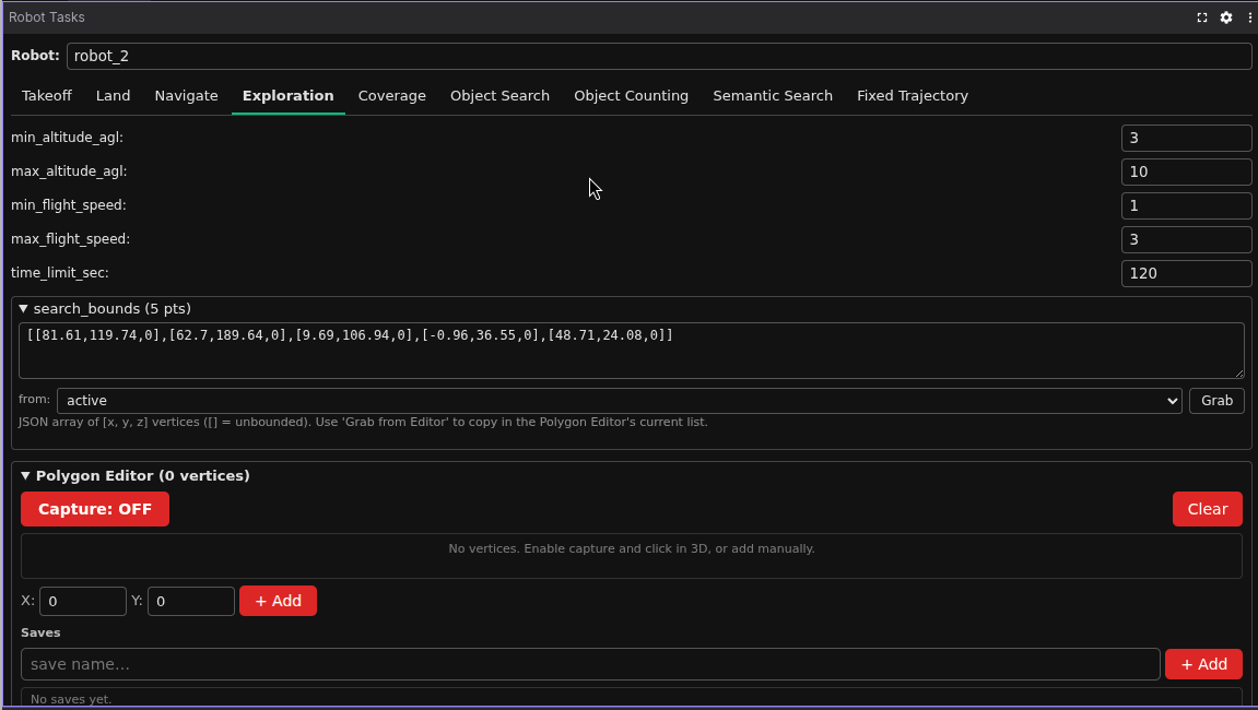 Robot Tasks panel — Exploration tab with search_bounds populated from the Polygon Editor