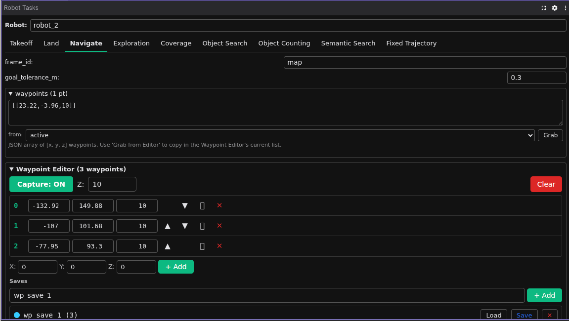 Robot Tasks panel — Navigate tab with the embedded Waypoint Editor