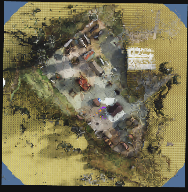 Foxglove 3D panel showing the textured overhead under the simulated scene